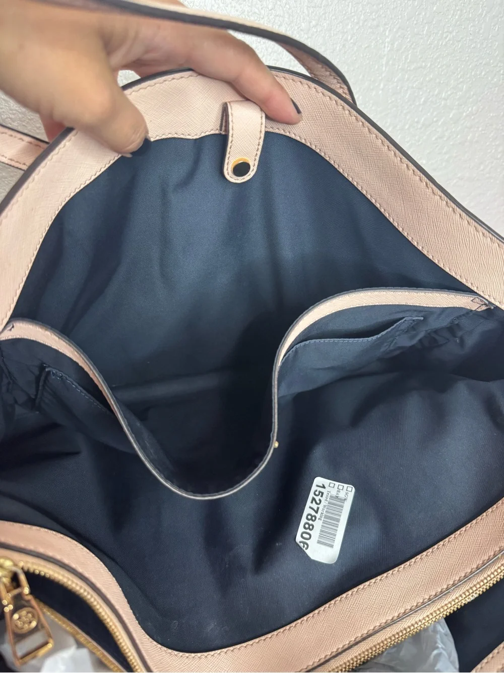 TORY BURCH 🤍 Pale Blush Pink Leather Large Shoulder Tote, Navy, Gold - 10x15”